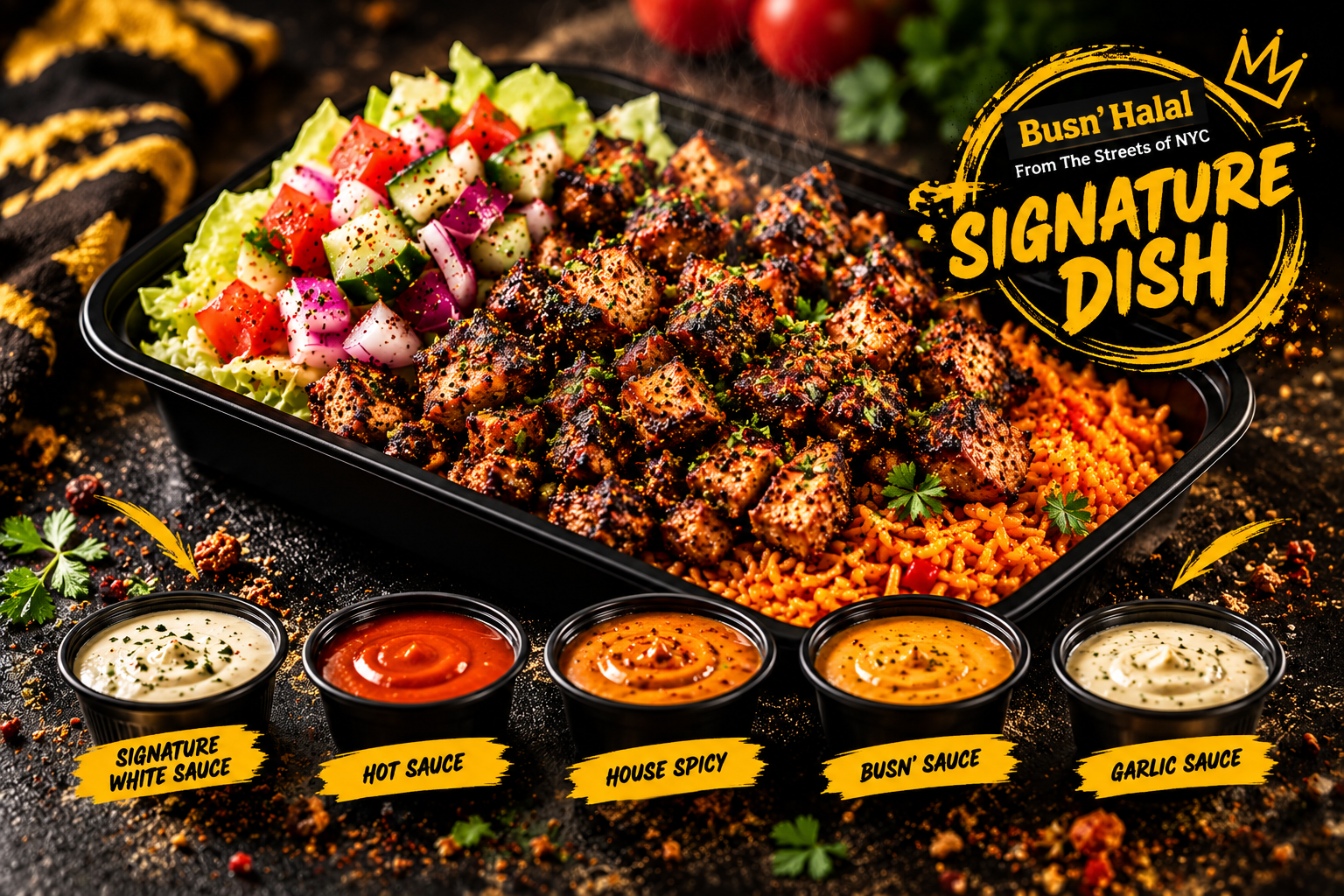 BUSN' Halal Jerk Chicken Platter with signature sauces